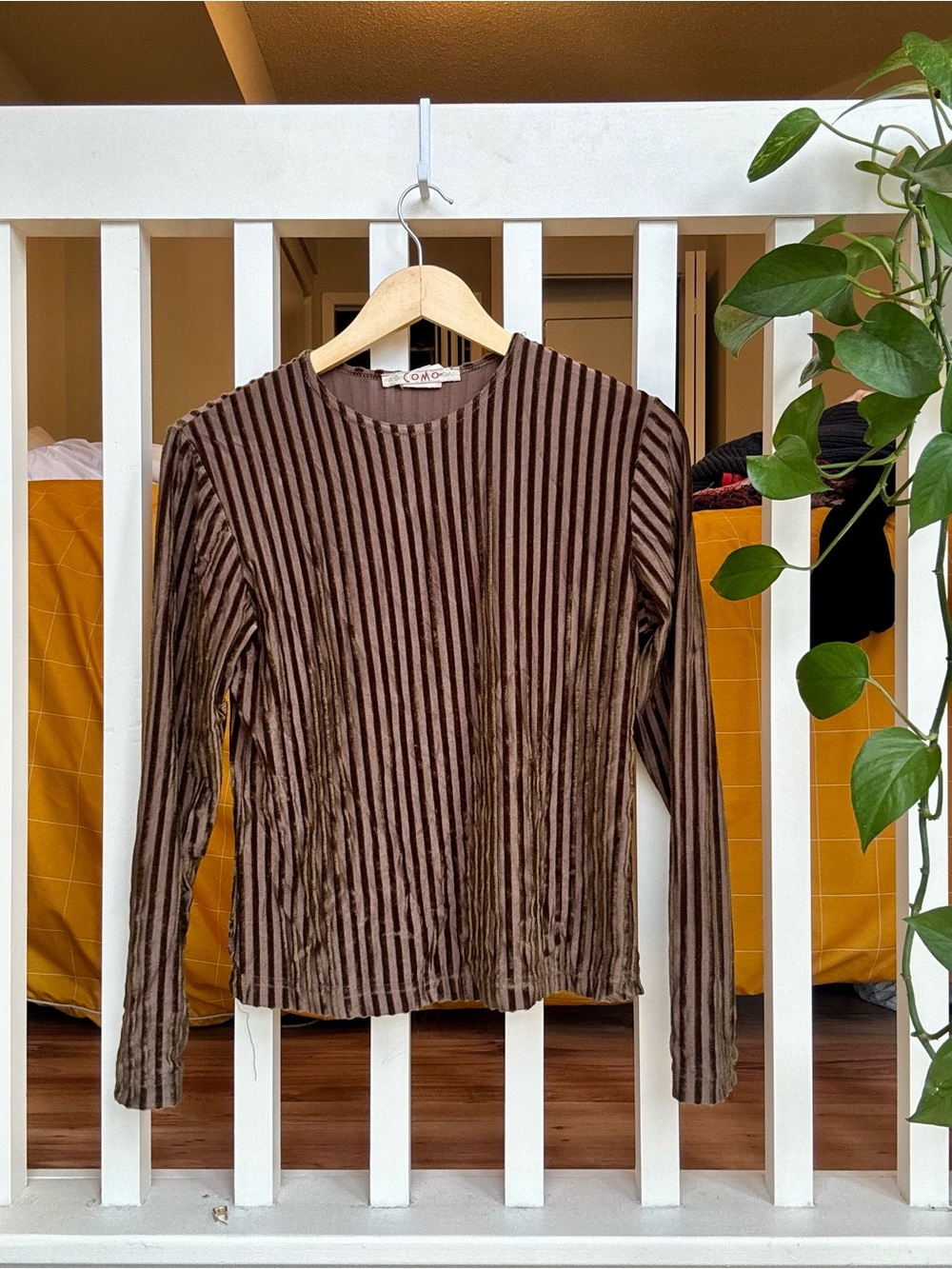 Women’s Brown Striped Velvet Long-Sleeve Tee